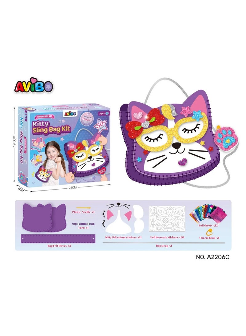 Avibo Cute Cat Craft Bag for Kids A sewing and decorating 50 pieces kit to create a shiny and unique bag, promoting creativity and skills and providing hours of fun and accomplishment - Image 1